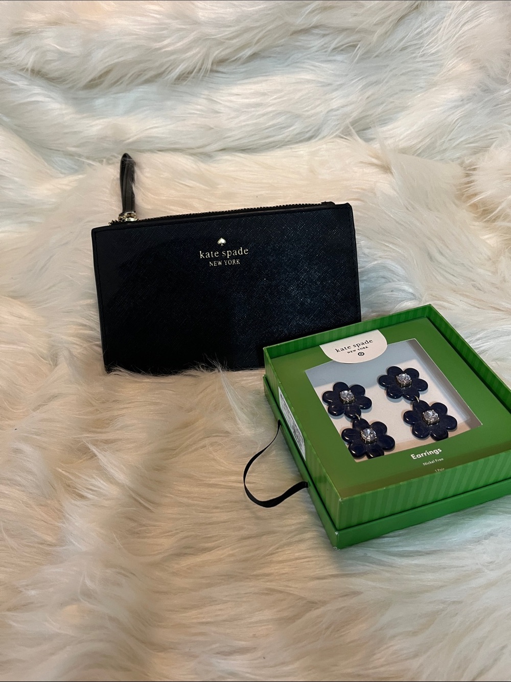 kate spade Black Saffiano Zip Wristlet with Navy Floral Earrings Gift Set